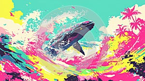 A vibrant illustration of a whale leaping from the ocean surrounded by palm trees colorful clouds photo