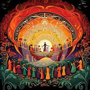 Vibrant and Illustrative Art Style Depicting a Scene from Traditional Ceremonies