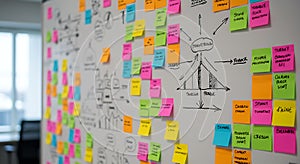 Dynamic whiteboard covered in bright Post-it notes