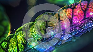 A vibrant image of chloroplasts in a plant leaf with colorful light filtering through and highlighting their existence