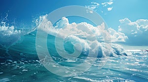 Vibrant image of a cresting wave in the ocean with a backdrop of puffy white clouds and blue sky