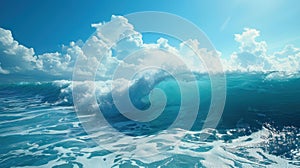Vibrant image of a cresting wave in the ocean with a backdrop of puffy white clouds and blue sky