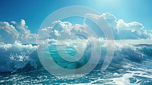 Vibrant image of a cresting wave in the ocean with a backdrop of puffy white clouds and blue sky