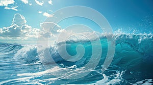 Vibrant image of a cresting wave in the ocean with a backdrop of puffy white clouds and blue sky