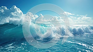 Vibrant image of a cresting wave in the ocean with a backdrop of puffy white clouds and blue sky