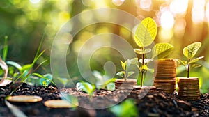 Vibrant image depicting the concept of financial growth with coins and sprouting plants