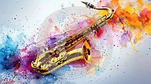 Colorful Saxophone Music: Vibrant Drops and Splashes in Background photo