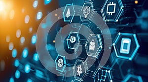 A Dynamic Digital Interface Showcasing Blockchain Icons and Connectivity