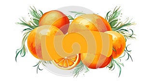 Vibrant image featuring group of oranges with leaves and banner. Perfect for adding pop of color to