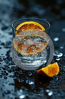 A vibrant image of a fresh orange slice immersed in sparkling water, capturing the essence of refreshment and vitality