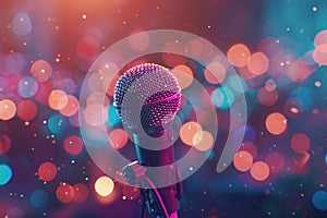 Vibrant image of microphone on stand against colorful backdrop. Great for music or performance themed designs photo