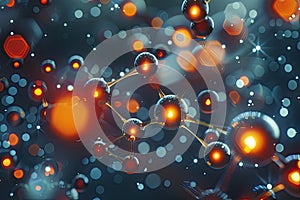 Abstract Molecular Structure with Glowing Orange Energy Orbs and Light Particles