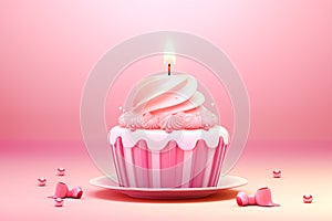 Celebratory Pink Cupcake with a Lit Candle