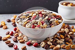 Colorful trail mix in a white bowl