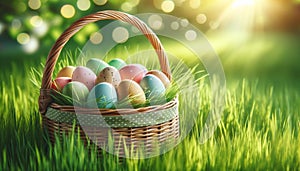 Colorful Easter Eggs in Basket on Spring Green Grass, Easter Concept