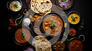 Vibrant Indian Curries and Naan Arranged on a Black Background. Generative AI