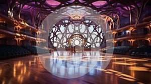 Vibrant Indoor Concert Venue at Dusk: Immersive Perspective of Colorful LED Backlights and Tropical Touch