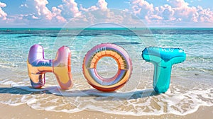 Vibrant Inflatable Letters Spelling 'HOT' on Sunny Beach Shoreline