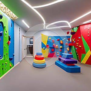 A vibrant and interactive playroom with a climbing wall, a slide, and a dedicated arts and crafts area1, Generative AI