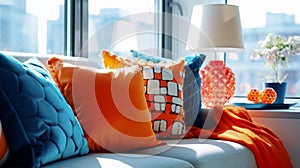 vibrant interior design with colored sofa and cushions