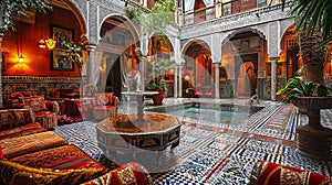 Vibrant interior of a traditional Marrakech riad, showcasing ornate tile work, richly colored fabrics, and a central courtyard