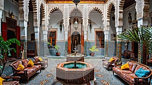 Vibrant interior of a traditional Marrakech riad, showcasing ornate tile work, richly colored fabrics, and a central courtyard