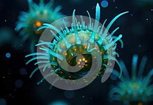 Vibrant and intricate microscopic view of glowing microorganisms in deep water