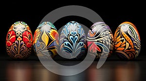 Vibrant and intricately decorated easter eggs on rustic background with depth and dimension