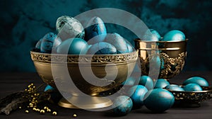 Vibrant and intricately decorated easter eggs on rustic background with stunning lighting