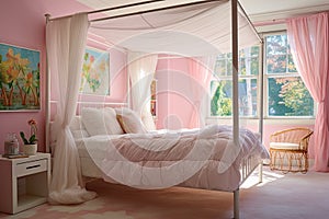 Vibrant and inviting bedroom with pastel pink walls. A white canopy bed with flowing drapes