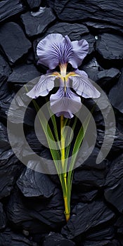 Vibrant Iris Flower On Rocky Wall: Meticulously Detailed Still Life