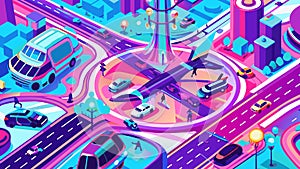 Vibrant Isometric City Intersection with Diverse Transportation photo