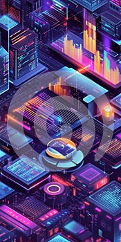 Vibrant Isometric Design of Digital Cityscape Featuring Big Data Visualization