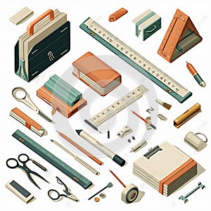 Isometric Stationery and Drafting Tools Collection