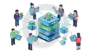 Team of IT Professionals Collaborating Around a Central Data Server Network Illustration