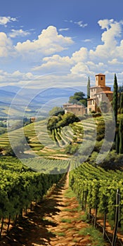 Vibrant Italian Renaissance Revival Vineyard Field Painting