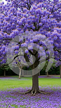 Vibrant jacaranda tree in bloom with lavender flowers and fallen petals