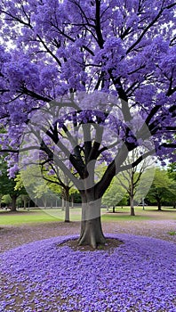 Vibrant jacaranda tree in bloom with lavender flowers and fallen petals