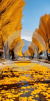 Vibrant Japanese-inspired Street With Yellow Trees In 32k Uhd