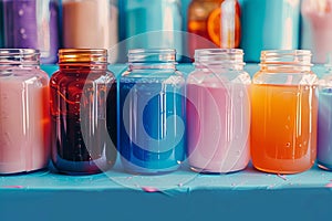 Vibrant jars filled with assorted liquids, offering ample copy space