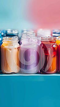 Vibrant jars filled with assorted liquids, offering ample copy space