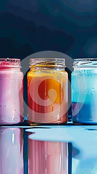 Vibrant jars filled with assorted liquids, offering ample copy space