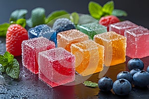 Colorful Assorted Fruit Jelly Cubes with Fresh Berries and Mint on Slate Generative AI photo