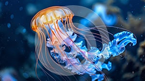 Vibrant jellyfish in hues of yellow and orange gracefully dance amidst the deep blue expanse of the ocean