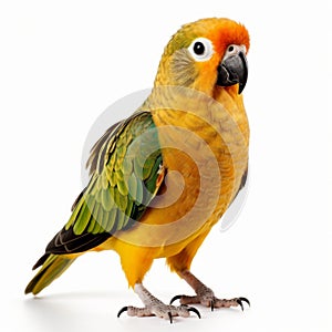 Vibrant Jenday Conure Parrot On White Background With Explosive Pigmentation