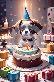Dog sitting on top of birthday cake photo