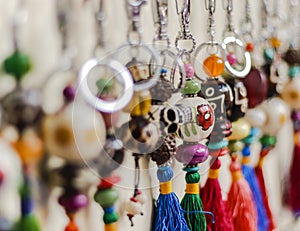 Vibrant keyring hanging on the display of a shop