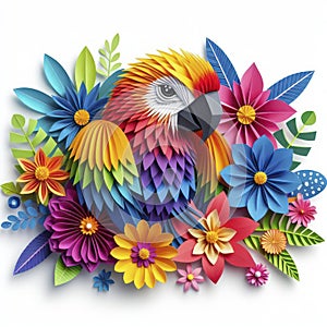 Vibrant Kirigami Parrot: Colorful Avian Beauty in a Flower Oasis, Isolated on White for Artful Delight