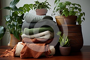 Vibrant Knitted Textiles: Intricate Patterns & Textures on Wooden Floor photo