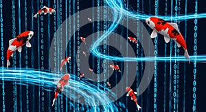 Koi Fish Swimming in Digital Binary Code Data Stream